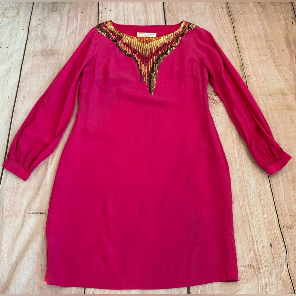 Trina Turk Women Hot Pink Silk Dress Size 6 Sequin Shift Long Sleeve READ